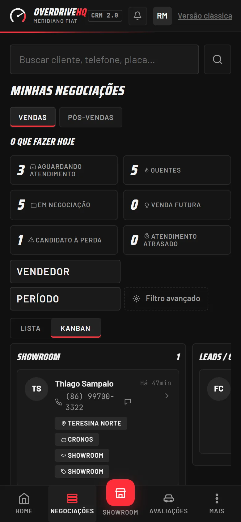 OverdriveHQ app 2.0 no celular: minhas negociações com os tiles do dia e o kanban por coluna